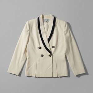 Suitsme Vintage Cream Blazer, Black Contrast Shawl Lapel, Double Breasted Size 6